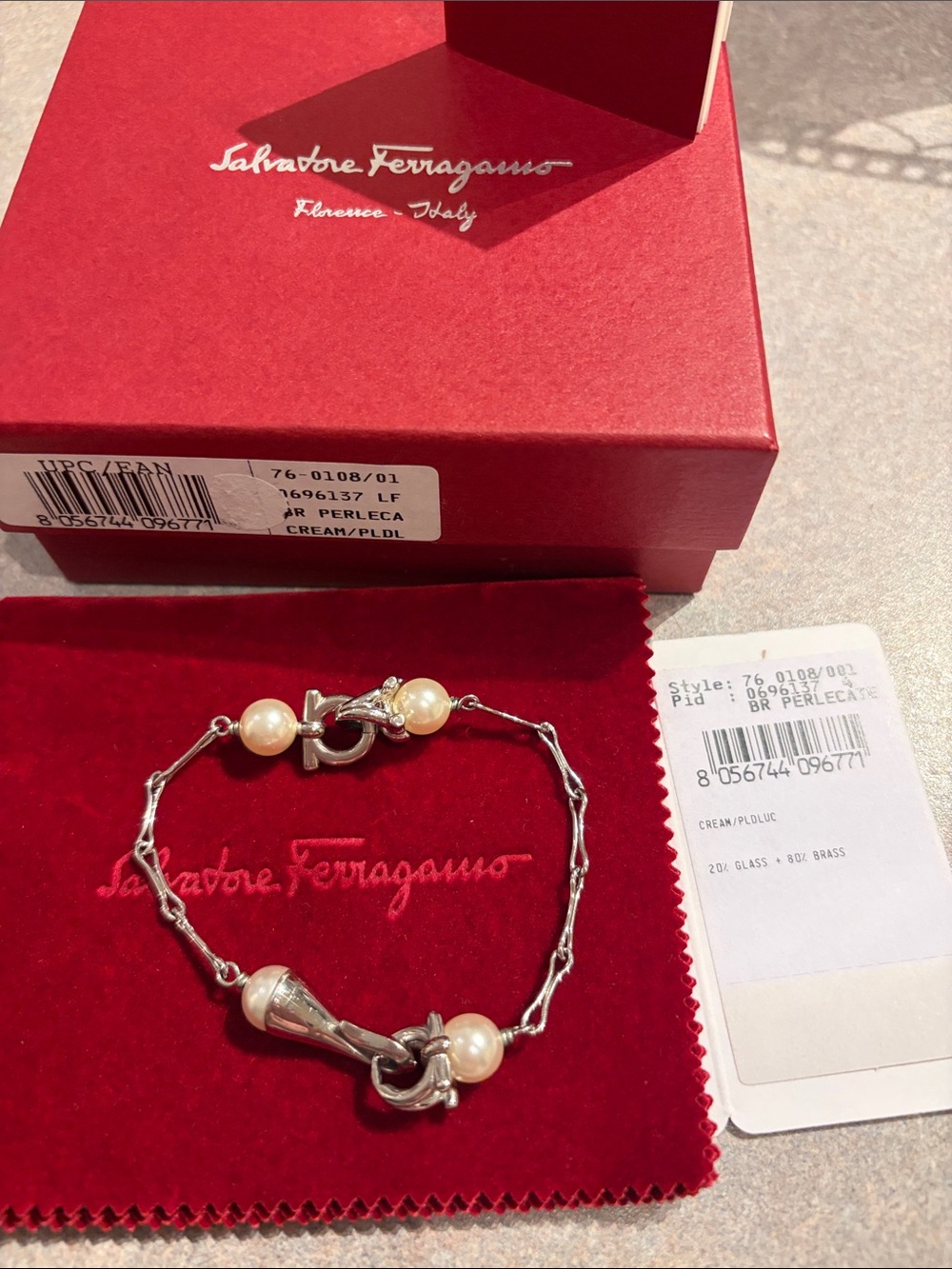 Salvatore Ferragamo Pearl and Silver Link Bracelet
